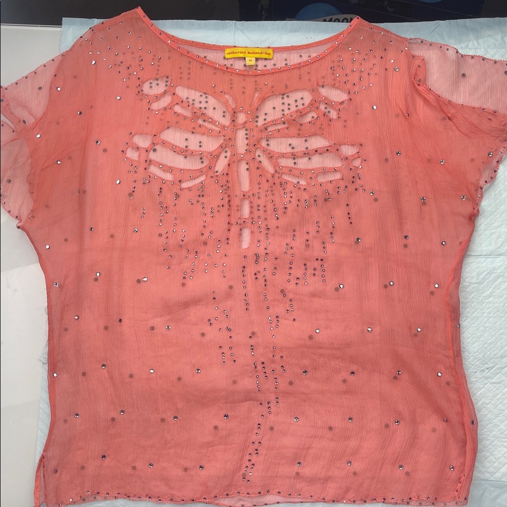 Catherine Malandrino Coral Sheer Blouse with Dragonfly Cutout - Picture 3 of 10